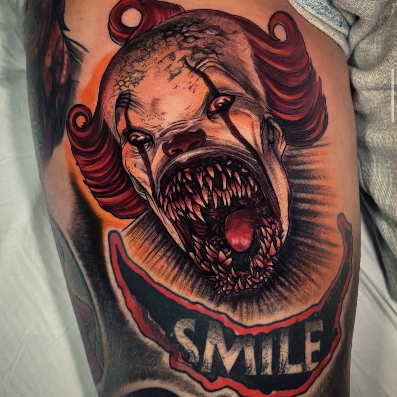 Horror clown portrait tattoo by Robb
